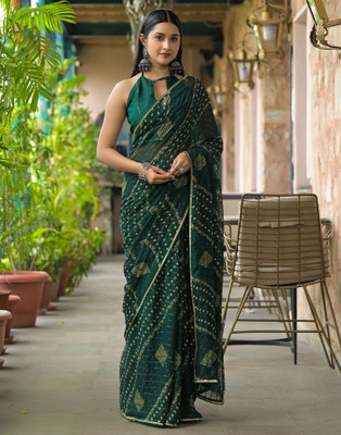 all about you Printed Bandhani Georgette Saree(Green)