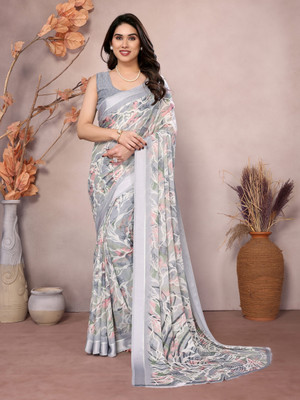 Vedant Vastram Floral Print Bollywood Chiffon Saree(Grey)