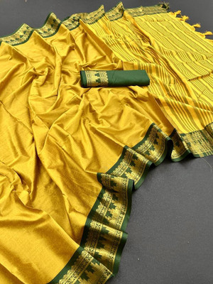 Paramparik Textile Temple Border Banarasi Pure Silk Saree(Pack of 2, Gold)