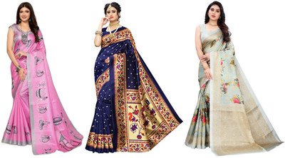 YASHIKA Printed Daily Wear Art Silk Saree(Pack of 3, Pink, Dark Blue, Light Blue)