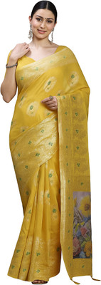 GSCMSTOREX Floral Print, Printed Banarasi Silk Blend Saree(Yellow)
