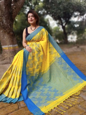 Koyel Woven Handloom Cotton Blend Saree(Yellow)