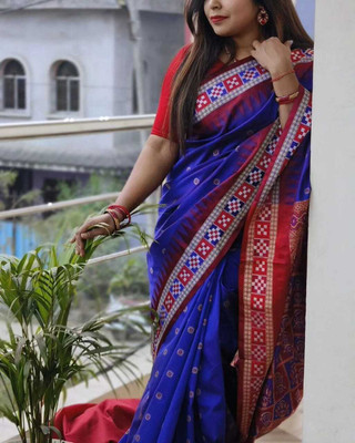 LYANNA Temple Border Sambalpuri Handloom Cotton Blend Saree(Blue)