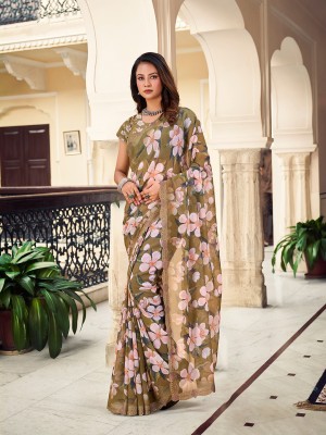 Pinonex Floral Print Bollywood Georgette Saree(Light Green)