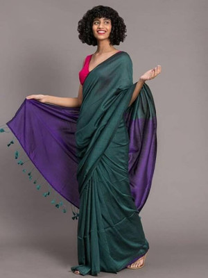 ACHOL Solid/Plain Handloom Cotton Blend Saree(Dark Green)