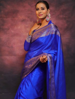 JIADIA Self Design, Embellished, Woven Bollywood Pure Silk, Jacquard Saree(Blue)