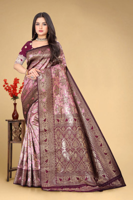 SIDDHESHWAR Self Design Assam Silk Lycra Blend Saree(Pink)