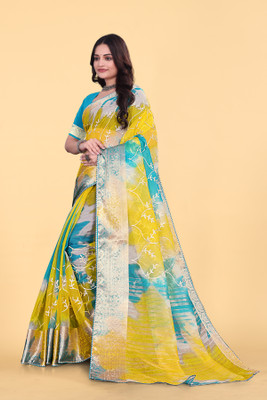 Aarunika MT Printed Bollywood Organza Saree(Light Blue, Yellow)