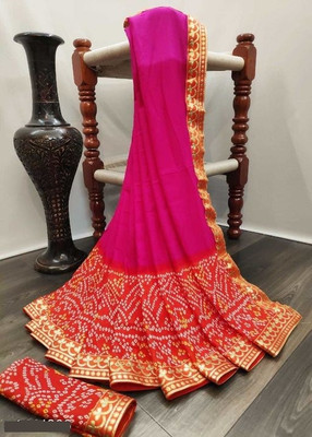Kanooda Prints Printed Bandhani Georgette Saree(Multicolor)