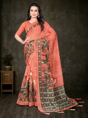 Shrithi Fashion Fab Printed Bollywood Cotton Blend Saree(Orange)