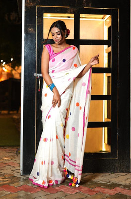 Lakshmi Boutique Digital Print Handloom Cotton Blend Saree(Beige, Black)