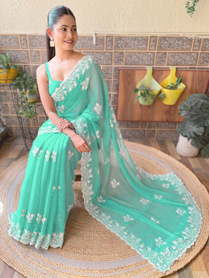 Tasrika Embroidered Bollywood Georgette Saree(Light Blue)