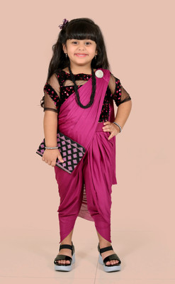 Kids Clothing By VNB Solid/Plain Bollywood Lycra Blend Saree(Purple)