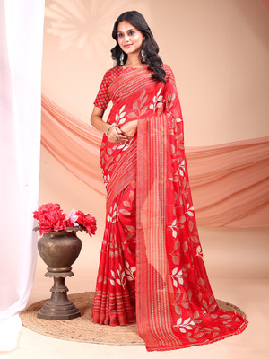 Leelavati Printed, Embellished, Embroidered Daily Wear Chiffon Saree(Red)