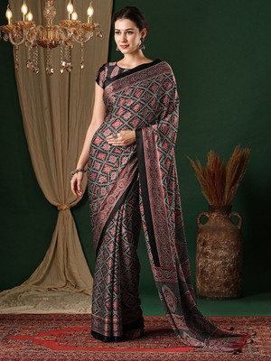 ANOUK Printed Daily Wear Pure Cotton Saree(Black)