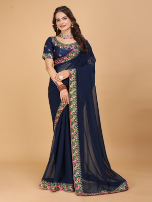 Crystallfashion Self Design Bollywood Georgette Saree(Blue)