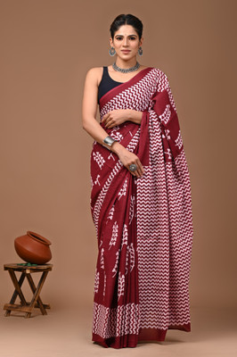 Threadier Printed Ikkat Pure Cotton Saree(Maroon)