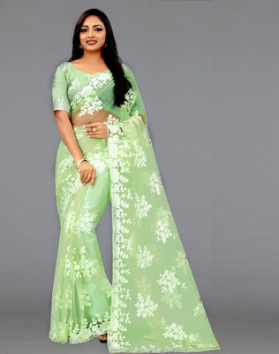 SILK SAREE HUB Embroidered Bollywood Net Saree(Light Green)