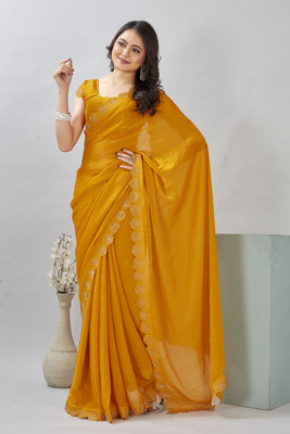 Sajavat Solid/Plain, Embellished, Self Design, Woven Bollywood Satin Saree(Yellow)