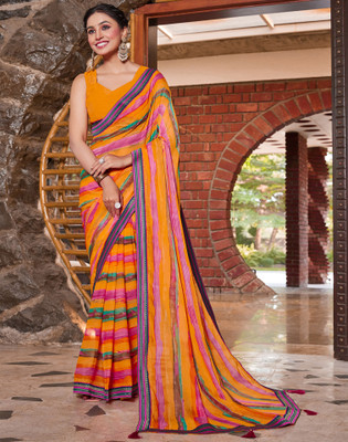 Samah Geometric Print, Printed, Embellished Daily Wear Chiffon Saree(Yellow)