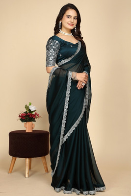 JIVI CLOTHING Embroidered, Solid/Plain Bollywood Chiffon Saree(Dark Green, Silver)