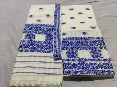 star silk weaving Woven Handloom Cotton Linen Saree(White)