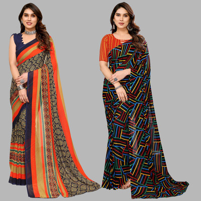 kashvi sarees Printed Daily Wear Georgette Saree(Pack of 2, Dark Blue, Orange, Multicolor)