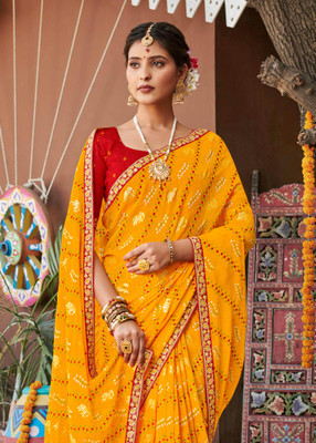 Laxmipati sarees Printed Bandhani Georgette Saree(Orange)