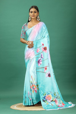 Virendra Textiles Floral Print Bollywood Satin Saree(Light Blue)