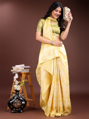 Tasrika Woven Banarasi Cotton Linen Saree(Yellow)