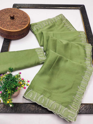 MONISHKA FASHION Solid/Plain, Embellished Bollywood Chiffon Saree(Green)