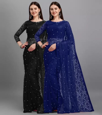 Vragi Self Design Bollywood Net Saree(Black, Dark Blue)