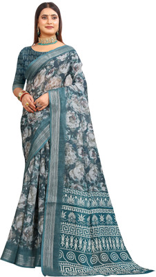 HangerStories Printed Kanjivaram Pure Cotton, Cotton Linen Saree(Green)