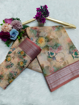 HouseOfCommon Woven, Printed Kanjivaram Linen, Cotton Linen Saree(Orange)