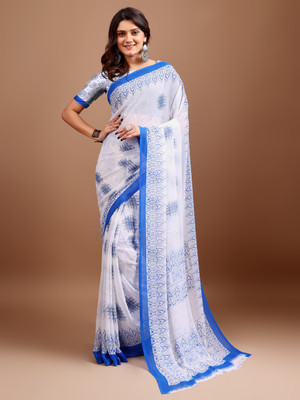 VIBHAGYAA Printed, Geometric Print Daily Wear Chiffon Saree(Blue, White)