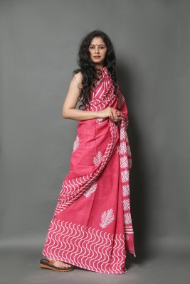 Craftmusium Printed, Color Block, Blocked Printed, Floral Print, Dyed Daily Wear Pure Cotton Saree(Pink)