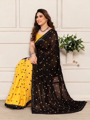 TTH Polka Print Bollywood Georgette Saree(Yellow, Black)