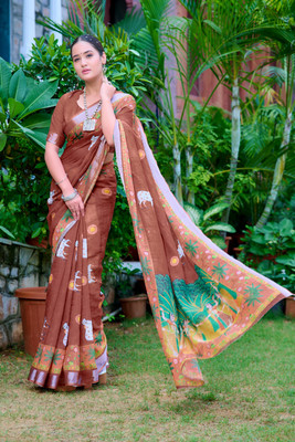 ZILVIRA Printed Daily Wear Cotton Linen Saree(Brown)