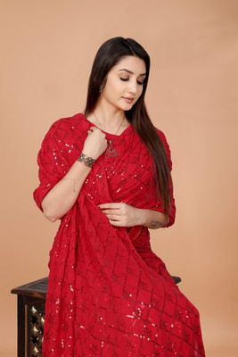 b bella creation Self Design Bollywood Georgette Saree(Red)