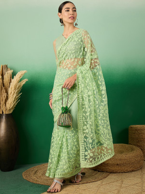 Sangria Embroidered Kalamkari Net Saree(Green)