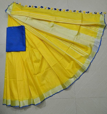 WEAVE TRENDS Solid/Plain, Woven Bollywood Dupion Silk Saree(Yellow, Blue)