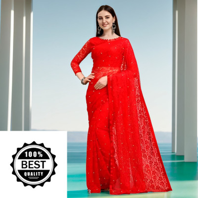 Vraggi Embellished Bollywood Net Saree(Red)