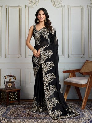 House of Pataudi Embroidered Saree with Attached Blouse Art Silk Saree(Black)