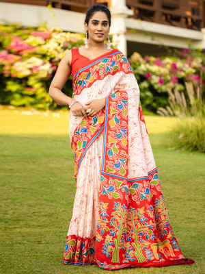 Divastri Printed Hand Batik Cotton Blend Saree(Cream)