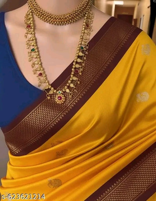Paithani Woven Paithani Pure Silk Saree(Yellow, Blue)