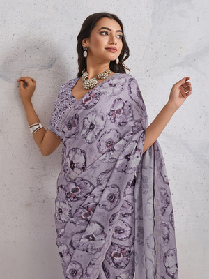 Tasrika Printed, Embellished Bollywood Satin, Georgette Saree(Purple)