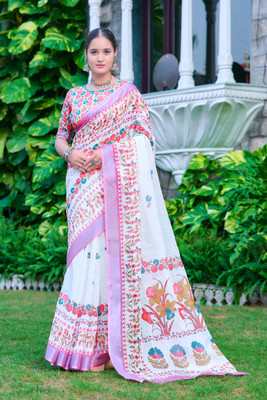 Moda Rapido Printed Daily Wear Cotton Linen Saree(White)
