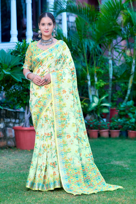 Moda Rapido Printed Daily Wear Cotton Linen Saree(Yellow)