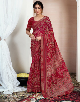 Divastri Printed, Embellished Bandhani Chiffon, Georgette Saree(Red)