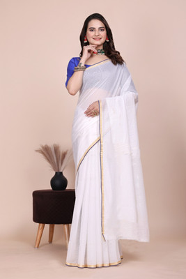 REKNIT Woven Bollywood Cotton Silk Saree(White)